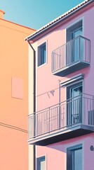 Fototapeta premium A pastel-colored building with balconies against a soft backdrop.