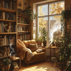 Cozy Reading Nook with Plants and Sunlight. A warm and inviting reading nook with a comfy armchair, bookshelves, and indoor plants, bathed in soft sunlight from the window, creating a tranquil space f