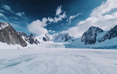 Fototapeta premium A breathtaking panoramic view of a snowy mountain landscape under a dramatic sky, showcasing nature's beauty.