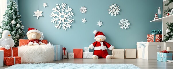 Fototapeta premium Charming Christmas Themed Children s Bedroom with Whimsical Snowflake Decor and Plush Toys