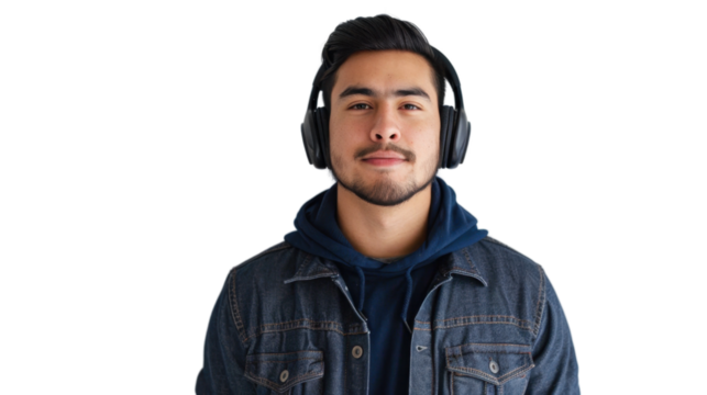 Young Hispanic male marketing professional with headphones during virtual meeting on white background 