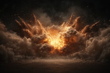 A stunning depiction of a powerful explosion, with fiery blasts and dense smoke, captured in dramatic detail against a dark background.
