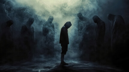 Man feeling small surrounded by dark figures in the fog