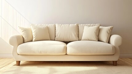 A cozy, light-colored sofa with plush cushions, perfect for a comfortable living space.