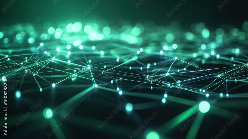 Poster abstract digital landscape with glowing nodes and interconnected lines.