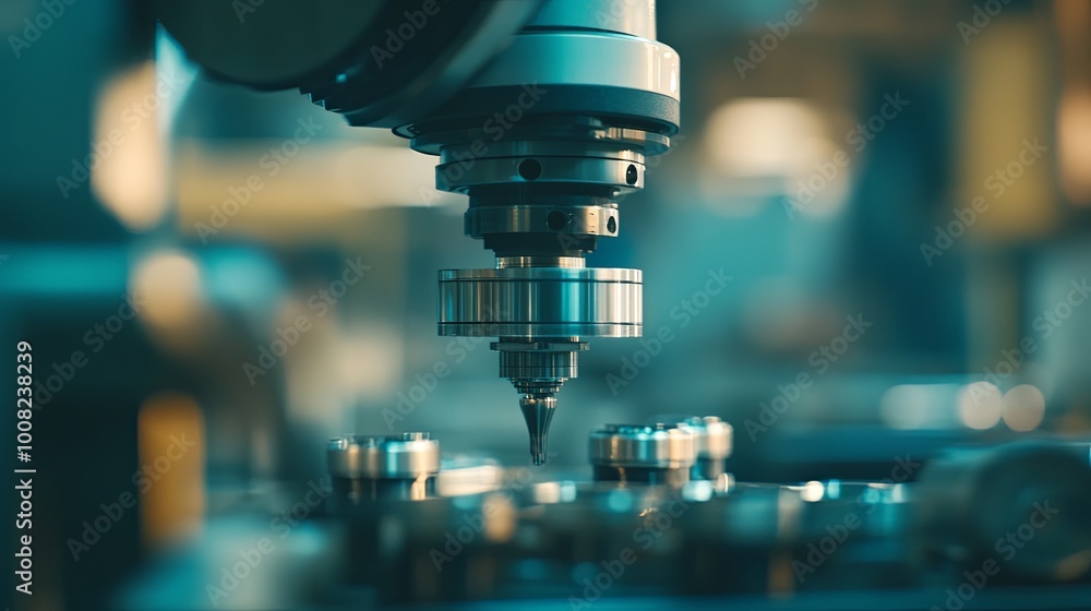 Poster a close-up of a precision machining tool in an industrial setting, highlighting its intricate design