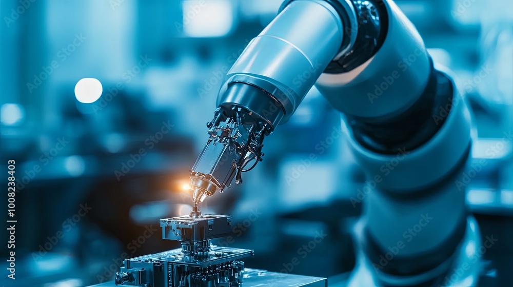 Poster a robotic arm is assembling components in a manufacturing environment, showcasing automation and pre