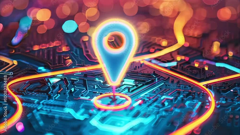 Poster a vibrant map with neon-like lines and a prominent location pin, suggesting a focus on navigation or