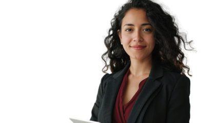 Young Hispanic woman holding digital tablet in modern business attire on white background
