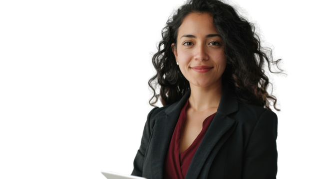 Young Hispanic woman holding digital tablet in modern business attire on white background