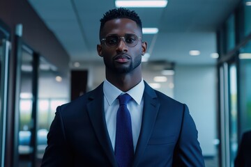 Obraz premium A confident man in a formal suit walks through an office corridor, exuding professionalism and determination.
