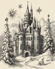 Obraz premium Vintage engraved Christmas castle card style