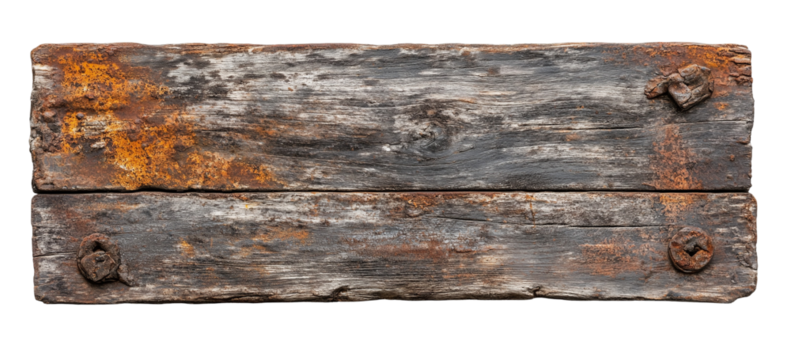 Rustic Weathered Wooden Plank with Rusty Nails Isolated on Transparent Background