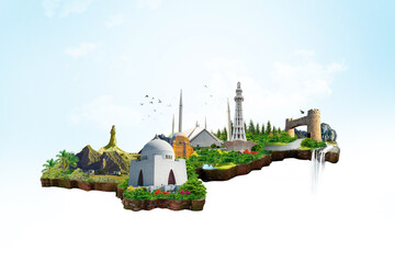 Pakistan day. Monuments of Pakistan isolated on Pakistan map.