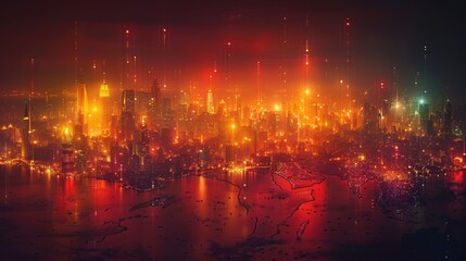 Cityscape at Night with Red and Yellow Lights