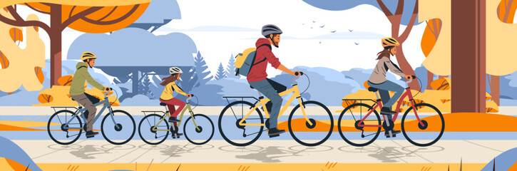 Family biking in autumn park scene colorful trees parents children wearing helmets cycling nature background outdoor activity © mast3r