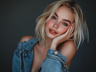 Fototapeta premium Portrait of a smiling woman with a casual denim jacket and soft makeup.