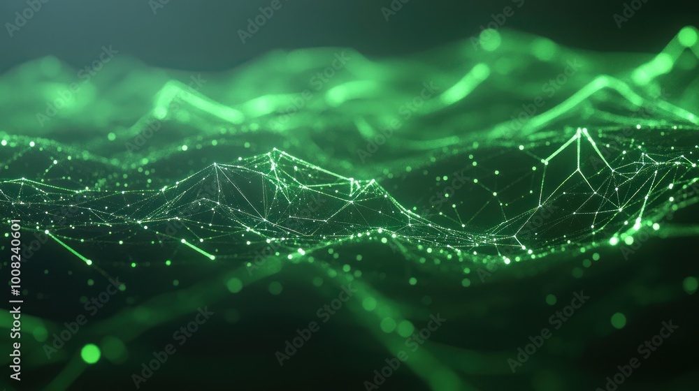 Poster abstract green digital landscape with interconnected lines and points.