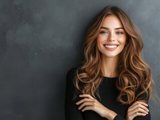 Portrait of a smiling woman with long hair against a dark wall.