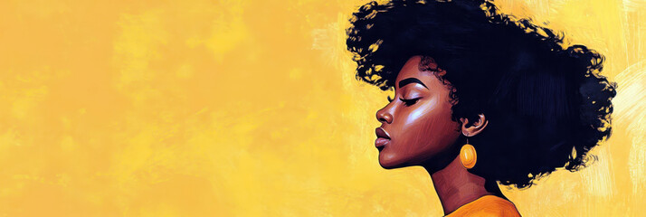 Beautiful young African American woman with closed eyes. Flat illustration. Afro girl with clean healthy skin and curly hair on an yellow background. Horizontal banner. Free space for text