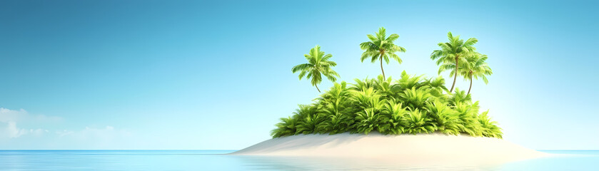 Obraz premium A small island with palm trees and a blue sky. The island is surrounded by water and he is a peaceful and serene location