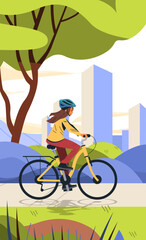 Woman riding bicycle in urban park illustration Modern cityscape with greenery trees and buildings in background Colorful flat design