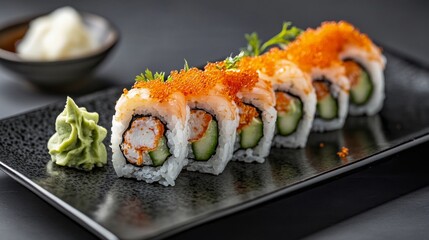 Maki rolls with cucumber and shrimp tempura arranged for a modern sushi banner