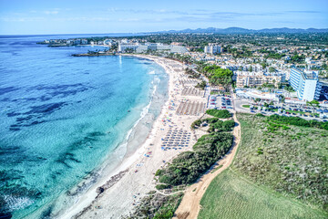 Scenic Aerial Picture of Sa Coma Beach and Town , Mallorca, Baelaric Islands, Spain