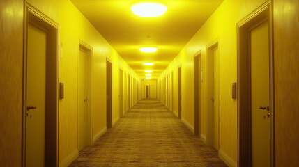 Endless Yellow Hallway with Symmetrical Doors.  A visually striking yellow hallway with a seemingly endless perspective, featuring symmetrical doors and soft lighting, evoking a surreal atmosphere.