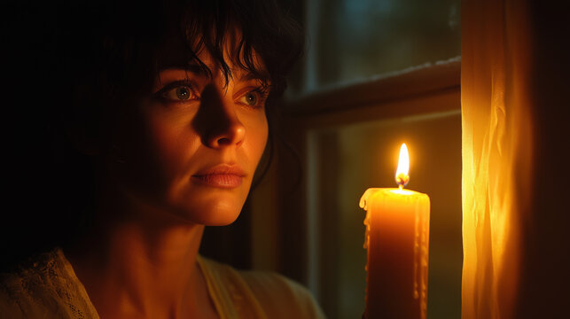 woman holding candle, gazing thoughtfully out window, illuminated by warm light