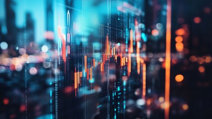 An abstract illustration featuring a glowing big data  candlestick chart overlaying a blurry city backdrop.