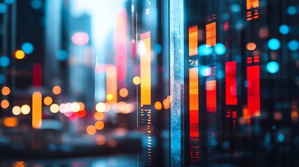Fototapeta premium An abstract illustration featuring a glowing big data candlestick chart overlaying a blurry city backdrop.