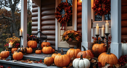 Background with Halloween pumpkins, lit candles and autumn leaves on the porch of a wooden cottage.