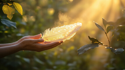 hand holding glowing feather in sunlit garden creates serene atmosphere