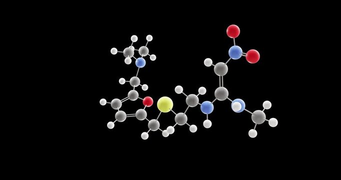 Ranitidine molecule, rotating 3D model of histamine h2-antagonists, looped video on a black background