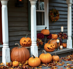 Obraz premium Background with Halloween pumpkins, lit candles and autumn leaves on the porch of a wooden cottage.