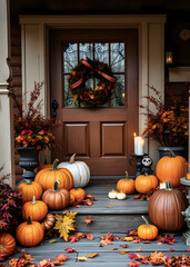 Obraz premium Background with Halloween pumpkins, lit candles and autumn leaves on the porch of a wooden cottage.