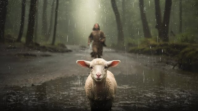 Jesus saves the lost sheep in the forest, christian motion loop