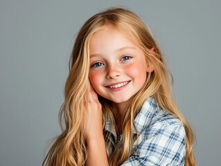 Naklejka premium Smiling girl with long blonde hair in plaid shirt, gray background.