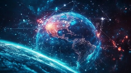 An illustration representing communication technology for internet business, showcasing a global network of telecommunication connections across the Earth.