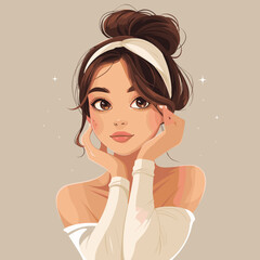 a lady putting on her skin cartoon style. A girl with a white headband is looking at the camera. She has a pretty smile and her hair is in a bun