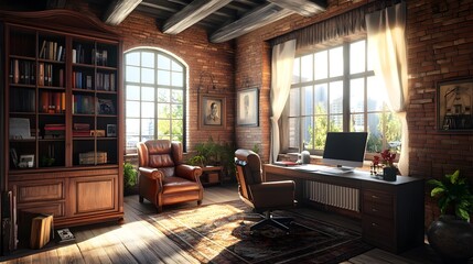 Cozy office with a view, featuring warm lighting and wooden accents.
