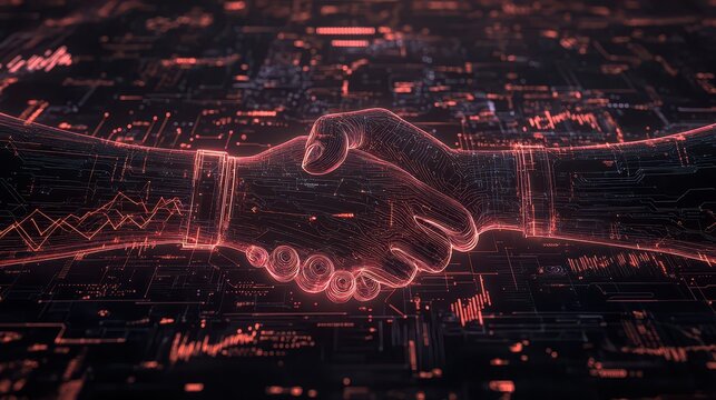 Digital handshake represented in neon lights, symbolizing modern business agreements and collaboration in a technology-driven environment.