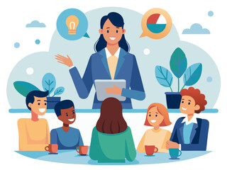 Businesswoman leading meeting engaging with colleagues asking questions and keeping everyone involved modern flat design simple vector illustration isolated transparent background