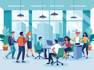 Corporate crowd engaging in teamwork during business event in modern office space modern flat design simple vector illustration isolated transparent background