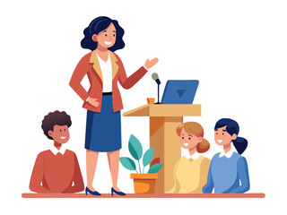 Professional woman speaking at a business workshop to colleagues modern flat design simple vector illustration isolated transparent background