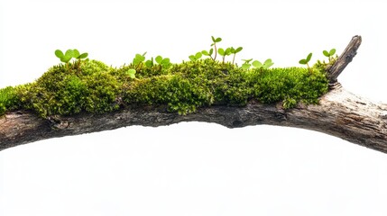 A side view of fresh green moss growing on a rotten branch, isolated against a white background.