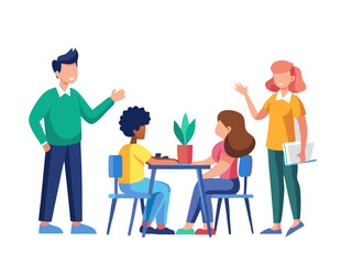 Informal classroom setting with a teacher engaging students through a lively discussion by the whiteboard presentation modern flat design simple vector illustration isolated transparent background