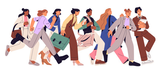 People rushing, run fast, go forward. Crowd of employees late and hurry to work. Anxious characters quick meet deadlines. Business race. Flat isolated vector illustration on white background