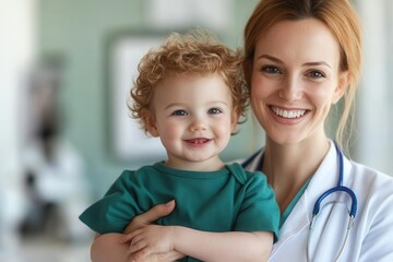 Happy doctor holding a young child in a medical office